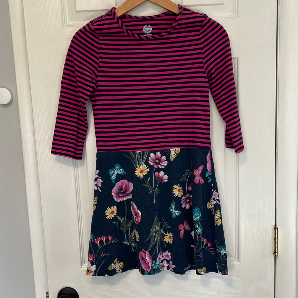 wonder nation Pink & Black Striped Top with Floral Skirt